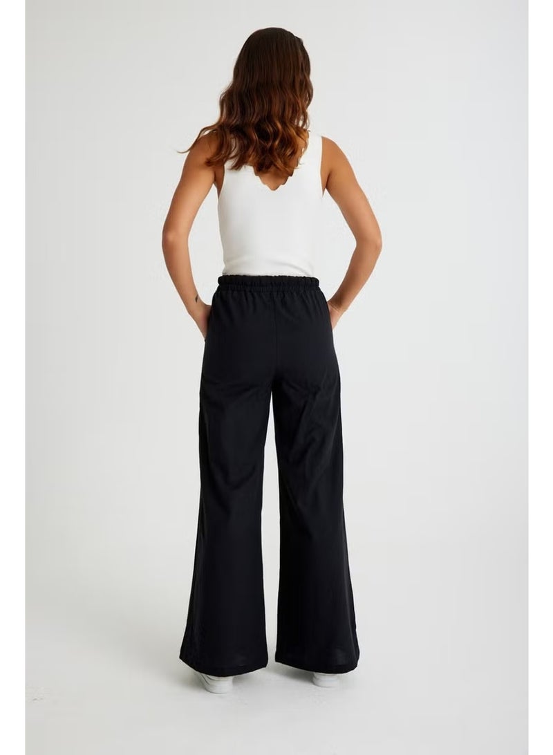 Barbora Linen Casual Trousers with Elastic Waistband and Lace-Up LN12BLACK2 - Image 4